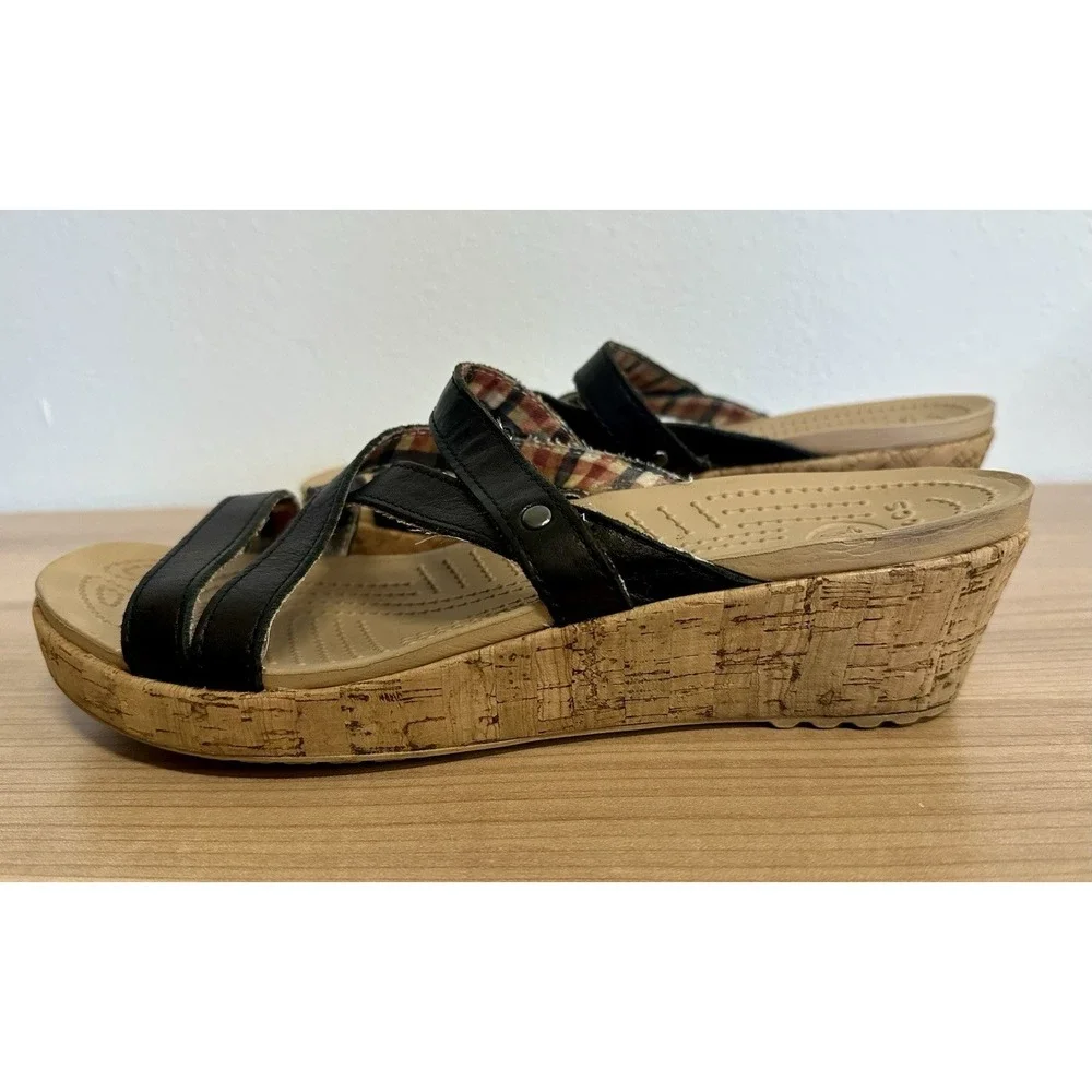 Crocs Shoes A-Leigh Wedge Sandals Womens Size 10 Black Leather Slip On